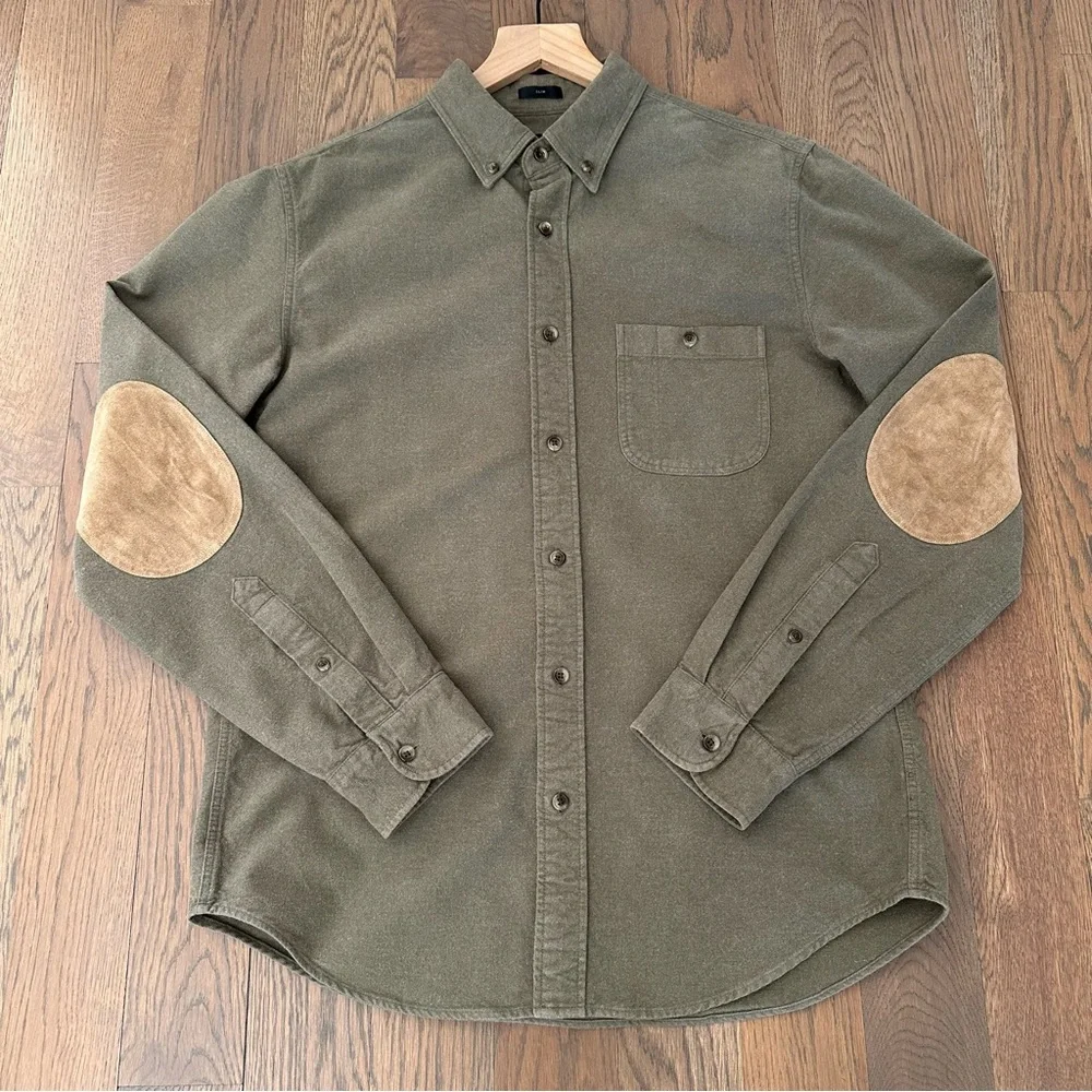 J. Crew Men's Chamois Elbow Patch Cotton Shirt in Dusty Olive Green Medium Slim